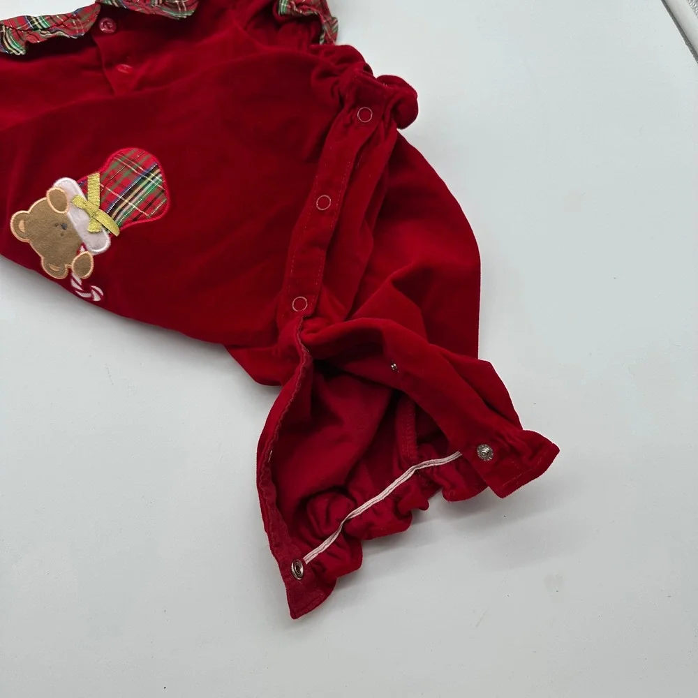 B.T. Kids Red Velvet Velour Christmas Romper Plaid Trim Teddy Bear 3-6 Month VTG